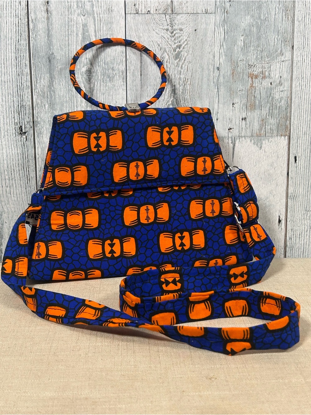 Handmade Ankara African Wax Print Handbag Blue Orange Top Handle
Crossbody